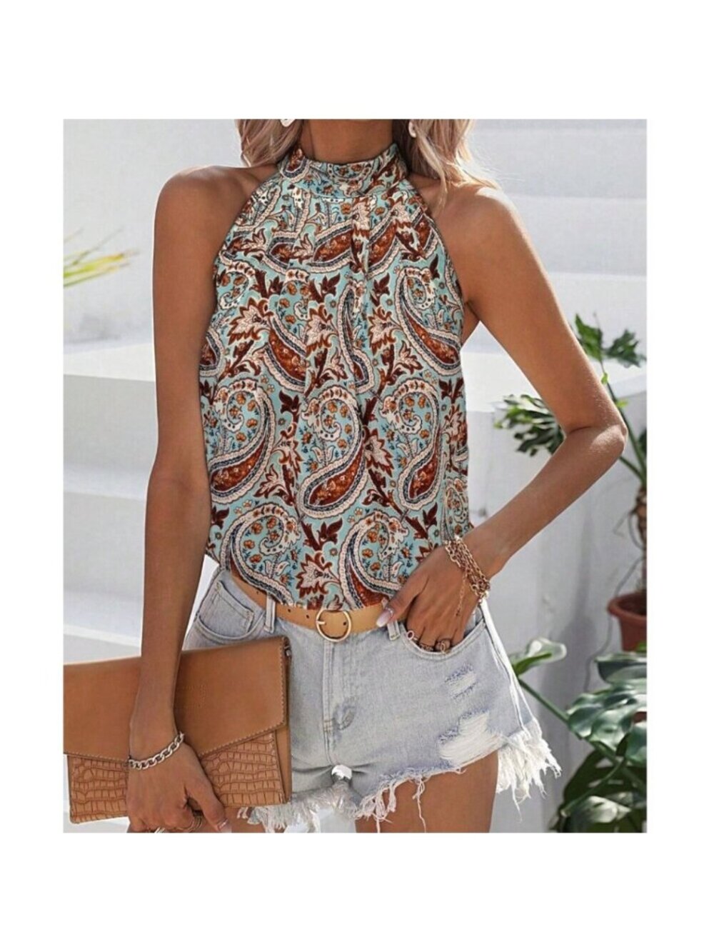 Paisley Print Halter Neck Sleeveless Blouse